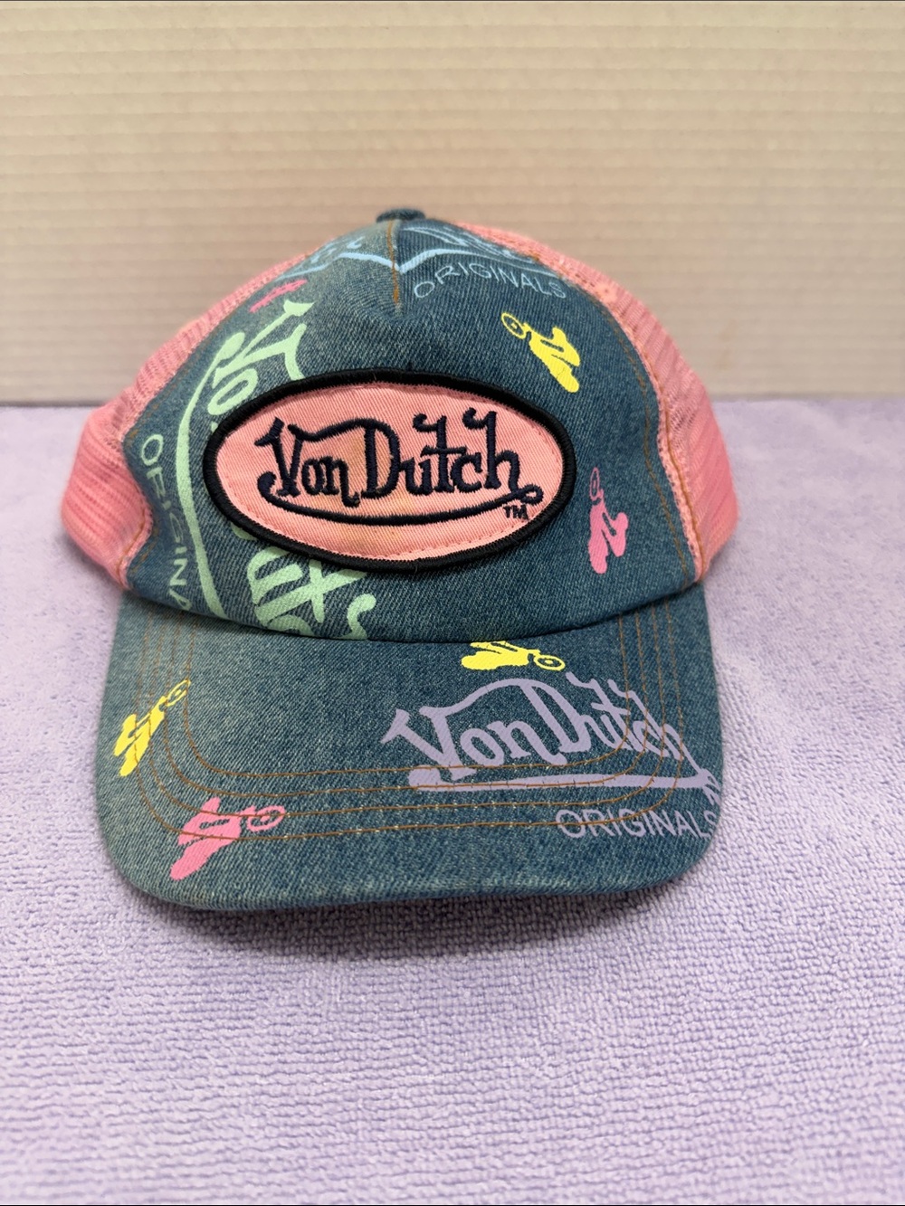 Von Dutch Teal Denim & Pink Mesh Logo Cap